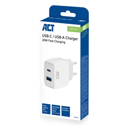 ACT USB-C & USB-A Charger 20W with Quick Charge and GaNFast