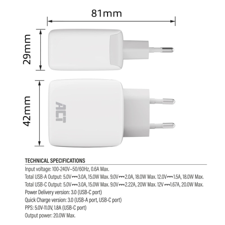 ACT USB-C & USB-A Charger 20W with Quick Charge and GaNFast